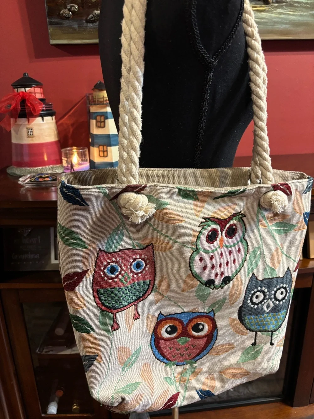 Canvas Owl Tote Bag in Multi-Color